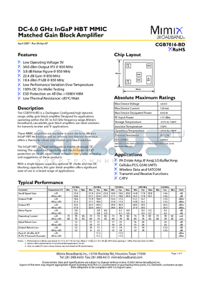 CGB7016-BD datasheet - DC-6.0 GHz InGaP HBT MMIC Matched Gain Block Amplifier