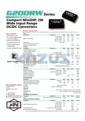 G205RW datasheet - Compact MiniDIP, 2W Wide Input Range DC/DC Converters