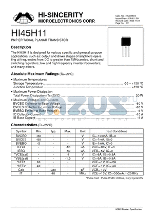 HI45H11 datasheet - PNP EPITAXIAL PLANAR TRANSISTOR