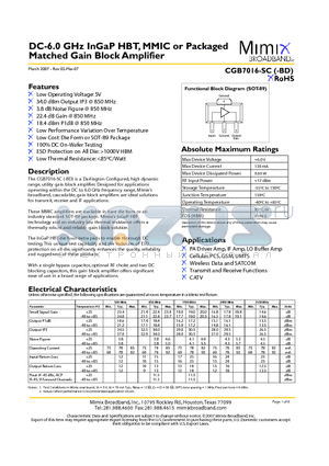 CGB7016-SC datasheet - DC-6.0 GHz InGaP HBT, MMIC or Packaged Matched Gain Block Amplifier