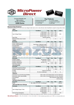 G207I datasheet - Compact MiniDIP, 2W High Isolation DC/DC Converters