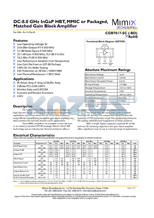 CGB7017-BD datasheet - DC-8.0 GHz InGaP HBT, MMIC or Packaged, Matched Gain Block Amplifier