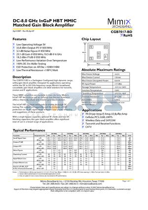 CGB7017-BD datasheet - DC-8.0 GHz InGaP HBT MMIC Matched Gain Block Amplifier