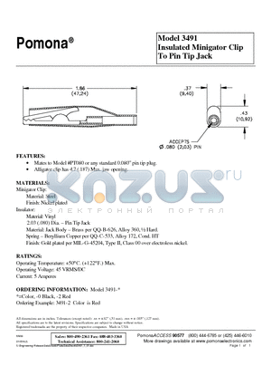 3491-0 datasheet - Insulated Minigator Clip To Pin Tip Jack