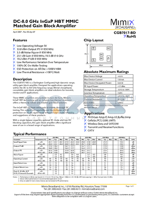 CGB7017-BD-000V datasheet - DC-8.0 GHz InGaP HBT MMIC Matched Gain Block Amplifier