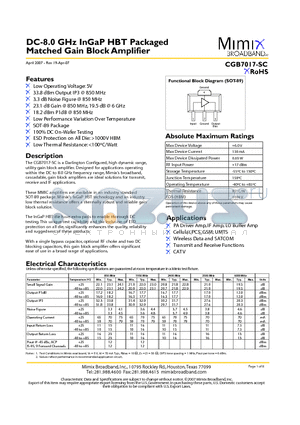 CGB7017-SC datasheet - DC-8.0 GHz InGaP HBT Packaged Matched Gain Block Amplifier