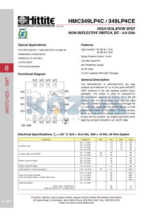 349LP4CE datasheet - HIGH ISOLATION SPDT NON-REFLECTIVE SWITCH, DC - 4.0 GHz