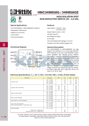 349MS8GE datasheet - HIGH ISOLATION SPDT NON-REFLECTIVE SWITCH, DC - 4.0 GHz