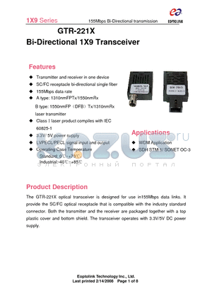 GTR-2214A datasheet - Bi-Directional 1X9 Transceiver