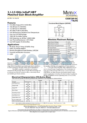 CGB7389-SC-0G0T datasheet - 2.1-2.5 GHz InGaP HBT Matched Gain Block Amplifier