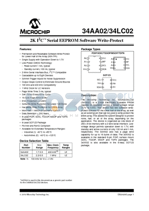 34LC02 datasheet - 2K I2C Serial EEPROM Software Write-Protect