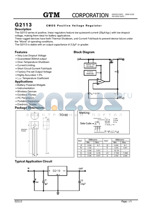 G2113 datasheet - CMOS Positive Voltage Regulator