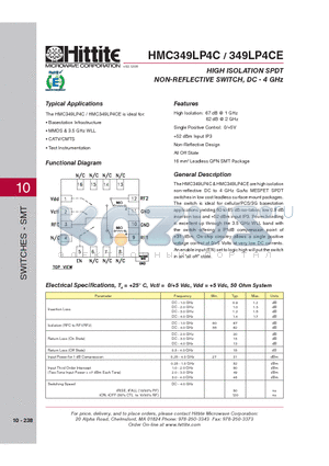 349LP4CE datasheet - HIGH ISOLATION SPDT NON-REFLECTIVE SWITCH, DC - 4 GHz