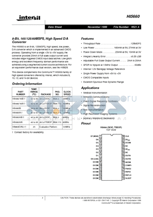 HI5660/16IA datasheet - 8-Bit, 165/125/60MSPS, High Speed D/A Converter