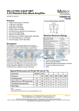 CGB8002-SC-0G0T datasheet - DC-2.8 GHz InGaP HBT 3.3V, Matched Gain Block Amplifier