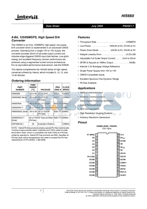 HI5660/6IAZ datasheet - 8-Bit, 125/60MSPS, High Speed D/A Converter