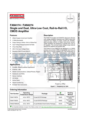 FAN4174 datasheet - Single and Dual, Ultra-Low Cost, Rail-to-Rail I/O, CMOS Amplifier