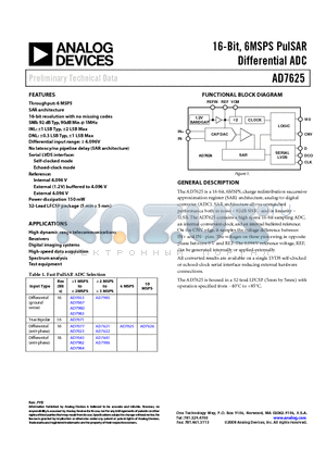 AD7625 datasheet - 16-Bit, 6MSPS PulSAR Differential ADC