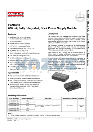 FAN4603 datasheet - 600mA, Fully Integrated, Buck Power Supply Module