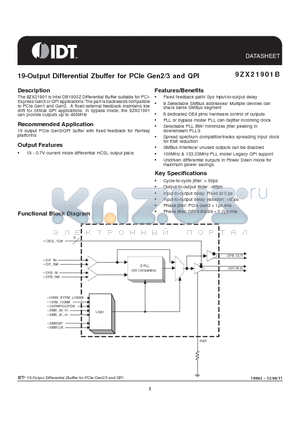 9ZX21901BKLF datasheet - 19-Output Differential Zbuffer for PCIe Gen2/3 and QPI