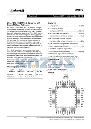 HI5662EVAL2 datasheet - Dual 8-Bit, 60MSPS A/D Converter with Internal Voltage Reference