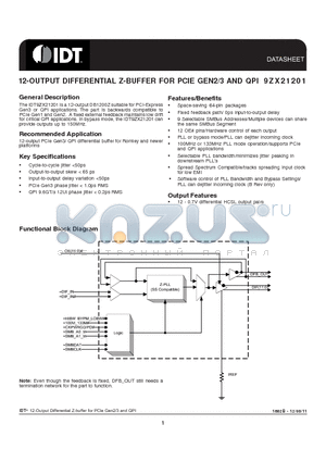 9ZX21201BKLFT datasheet - 12-OUTPUT DIFFERENTIAL Z-BUFFER FOR PCIE GEN2/3 AND QPI