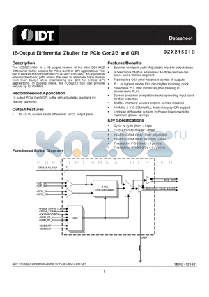9ZX21501BKLF datasheet - 15-Output Differential Zbuffer for PCIe Gen2/3 and QPI