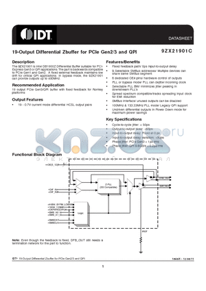 9ZX21901C datasheet - 19-Output Differential Zbuffer for PCIe Gen2/3 and QPI