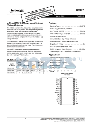 HI5667/6CB datasheet - 8-Bit, 60MSPS A/D Converter with Internal Voltage Reference