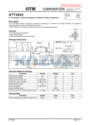 GTT2605 datasheet - P-CHANNEL ENHANCEMENT MODE POWER MOSFET