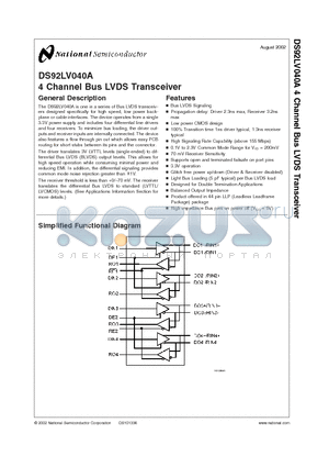 DS92LV040A datasheet - 4 Channel Bus LVDS Transceiver