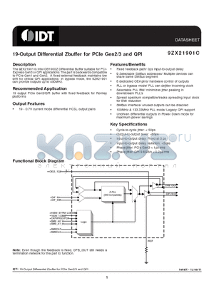 9ZX21901CKLF datasheet - 19-Output Differential Zbuffer for PCIe Gen2/3 and QPI