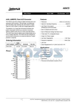 HI5675 datasheet - 8-Bit, 20MSPS, Flash A/D Converter