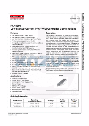 FAN4800 datasheet - Low Startup Current PFC/PWM Controller Combinations