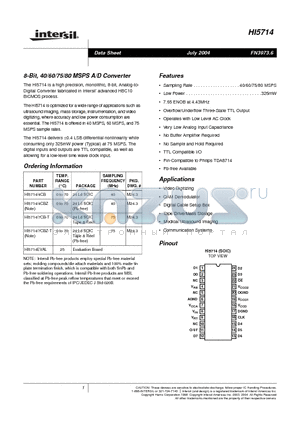 HI5714 datasheet - 8-Bit, 40/60/75/80 MSPS A/D Converter