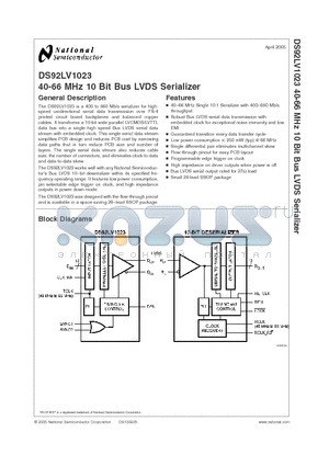 DS92LV1023 datasheet - 40-66 MHz 10 Bit Bus LVDS Serializer