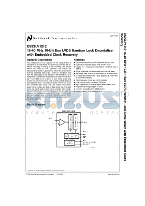 DS92LV1212 datasheet - 16-40 MHz 10-Bit Bus LVDS Random Lock Deserializer with Embedded Clock Recovery