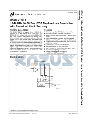 DS92LV1212A datasheet - 16-40 MHz 10-Bit Bus LVDS Random Lock Deserializer with Embedded Clock Recovery