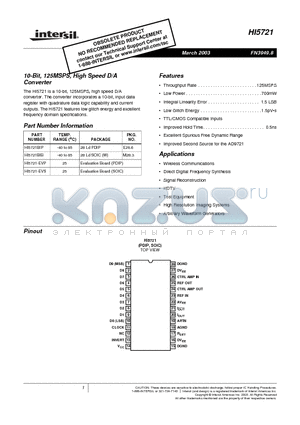 HI5721BIB datasheet - 10-Bit, 125MSPS, High Speed D/A Converter