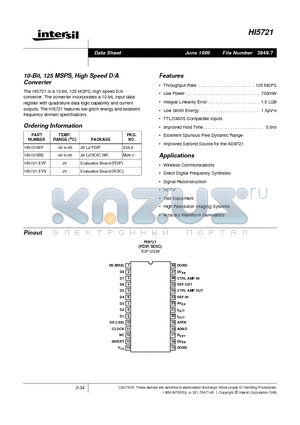 HI5721BIP datasheet - 10-Bit, 125 MSPS, High Speed D/A Converter