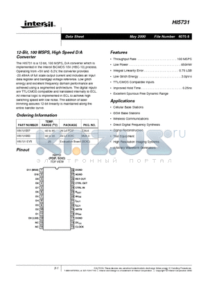 HI5731 datasheet - 12-Bit, 100 MSPS, High Speed D/A Converter