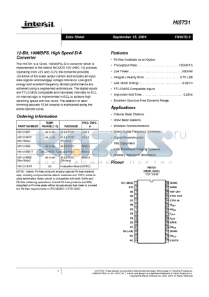 HI5731 datasheet - 12-Bit, 100MSPS, High Speed D/A Converter