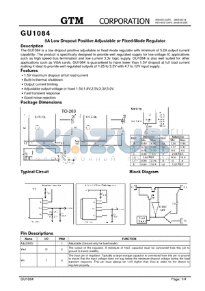 GU1084 datasheet - 5A Low Dropout Positive Adjustable or Fixed-Mode Regulator