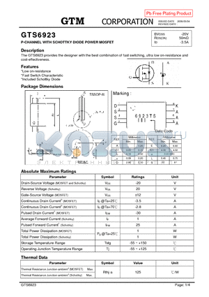 GTS6923 datasheet - P-CHANNEL WITH SCHOTTKY DIODE POWER MOSFET