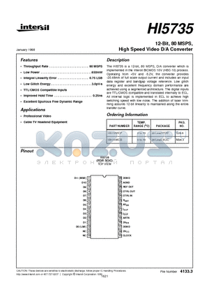 HI5735KCB datasheet - 12-Bit, 80 MSPS, High Speed Video D/A Converter