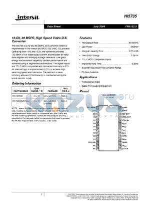 HI5735KCB datasheet - 12-Bit, 80 MSPS, High Speed Video D/A Converter