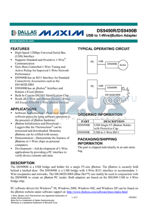 DS9490R datasheet - USB to 1-Wire/iButton Adapter