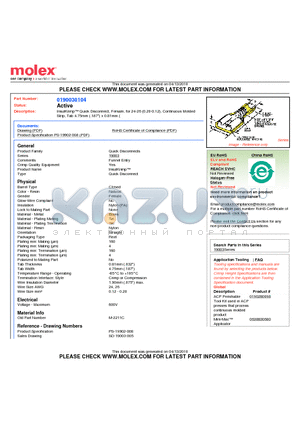 190030104 datasheet - InsulKrimp Quick Disconnect, Female, for 24-26 (0.20-0.12), Continuous MoldedStrip, Tab 4.75mm (.187