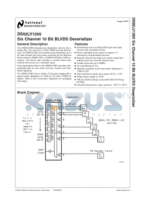 DS92LV1260TUJB datasheet - Six Channel 10 Bit BLVDS Deserializer