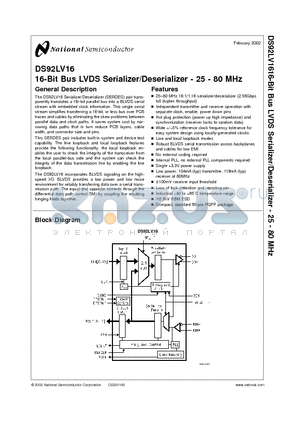 DS92LV16 datasheet - 16-Bit Bus LVDS Serializer/Deserializer - 25 - 80 MHz